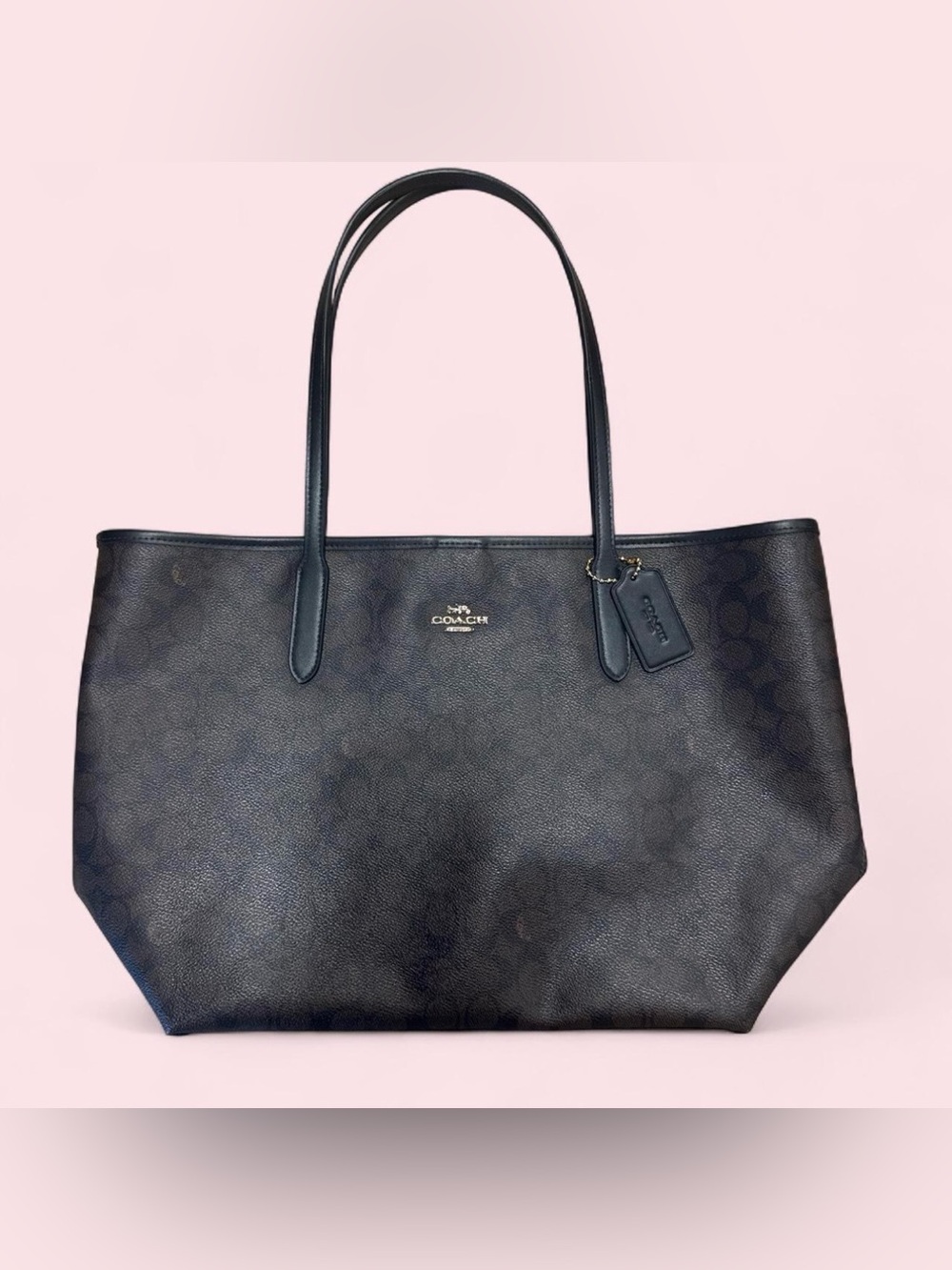 Coach Navy Signature Canvas Tote with Leather Trim